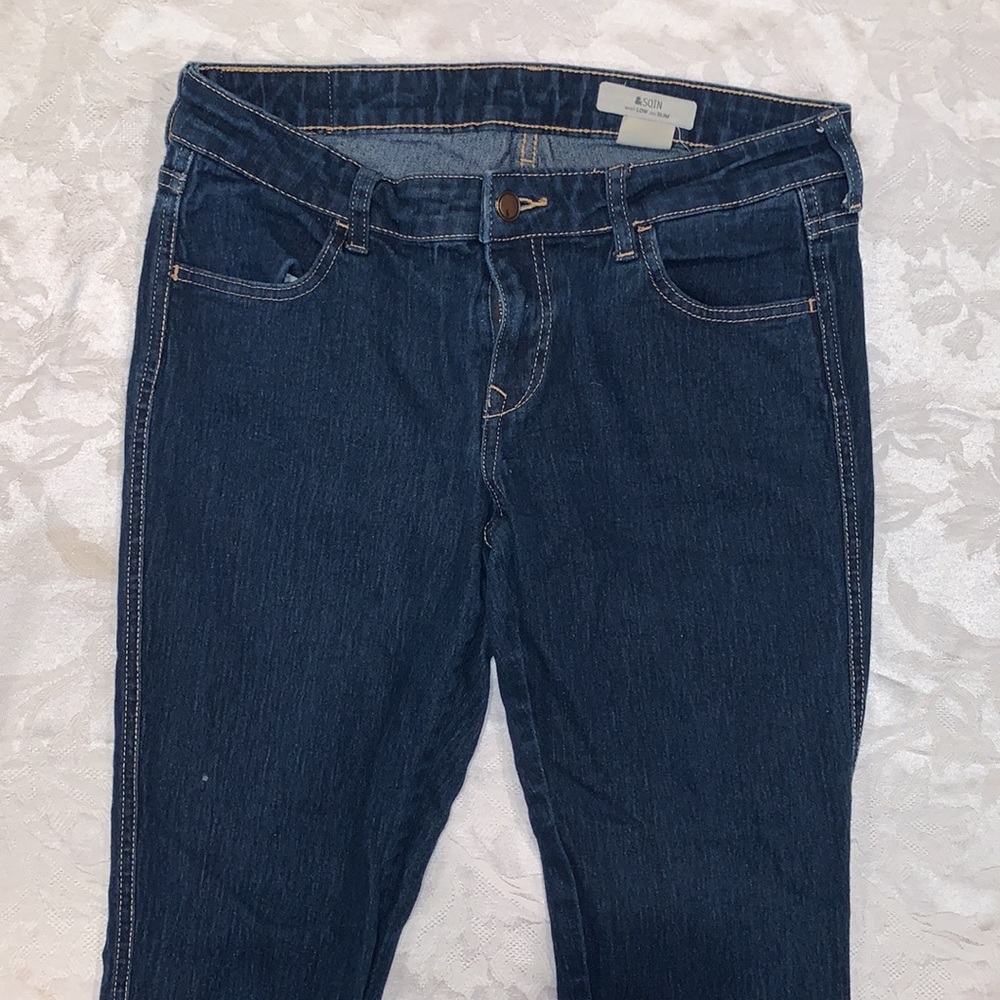 low waisted slim dark wash jeans